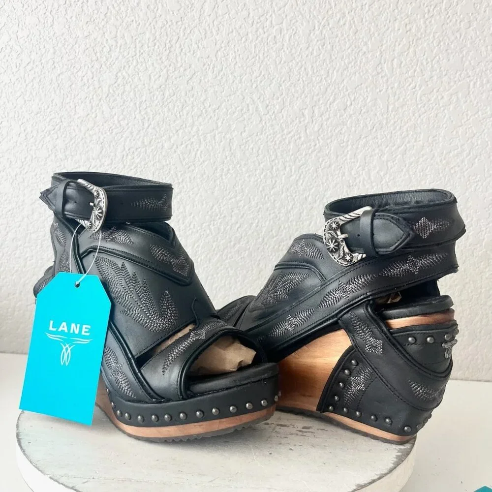 Lane Black Leather Studded Wedge Sandals